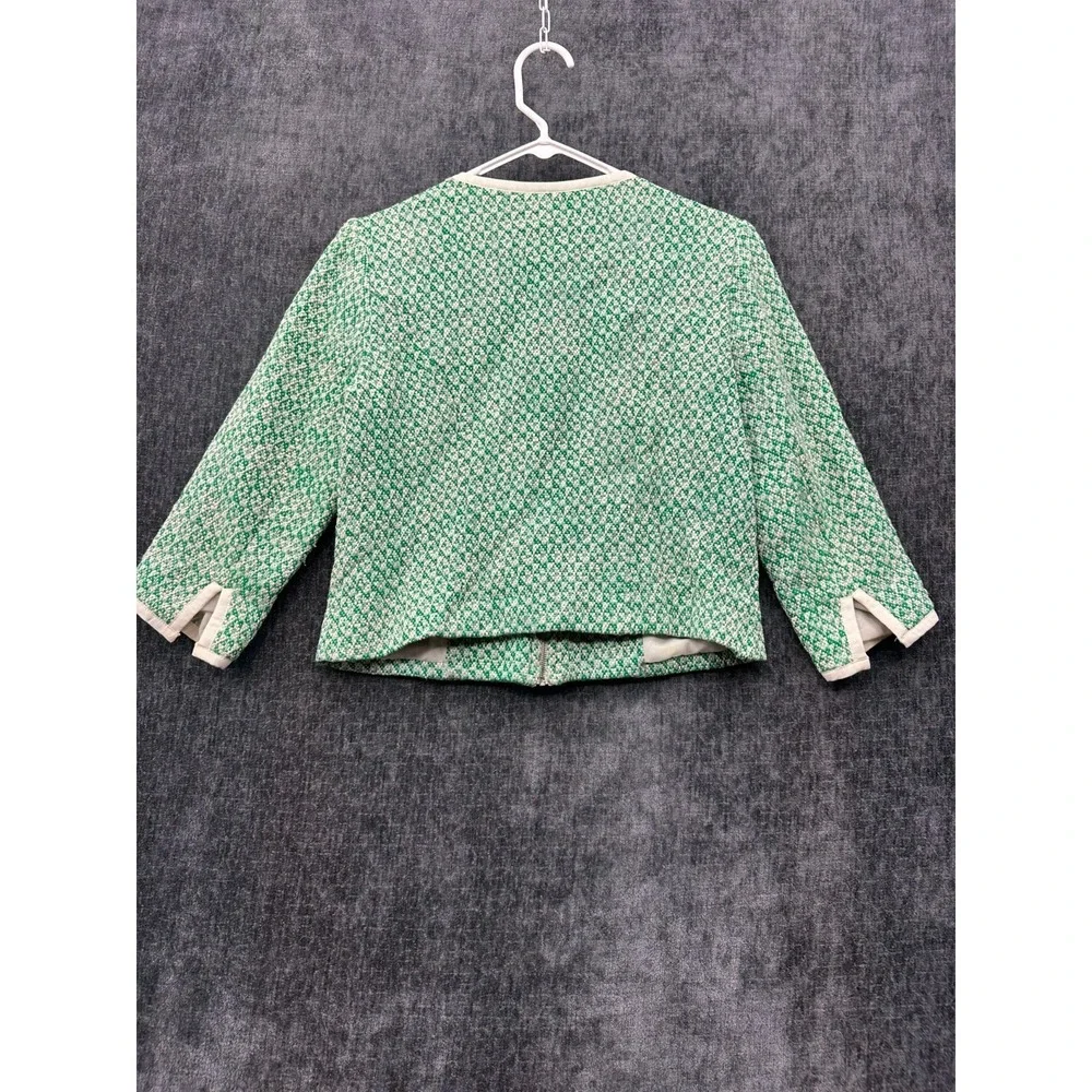 Cabi Cropped Jacket Womens 6 Green White Textured Tweed 3/4 Sleeve Full Zip‎
